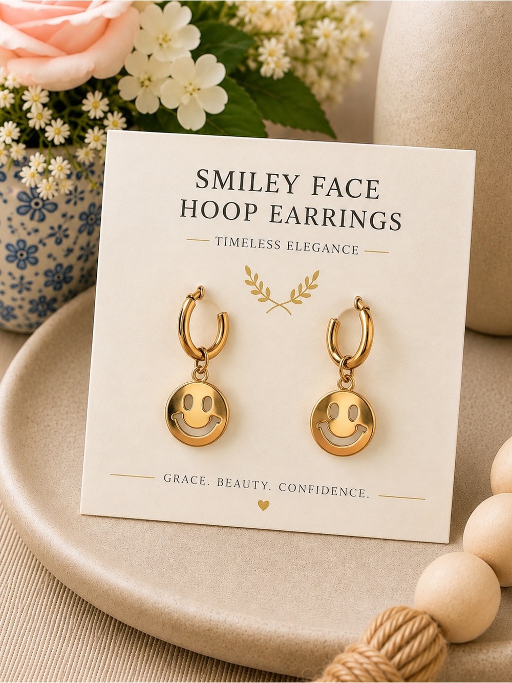 Gold Smiley Face Hoop Earrings – Cute Happy Face Dangle Earrings